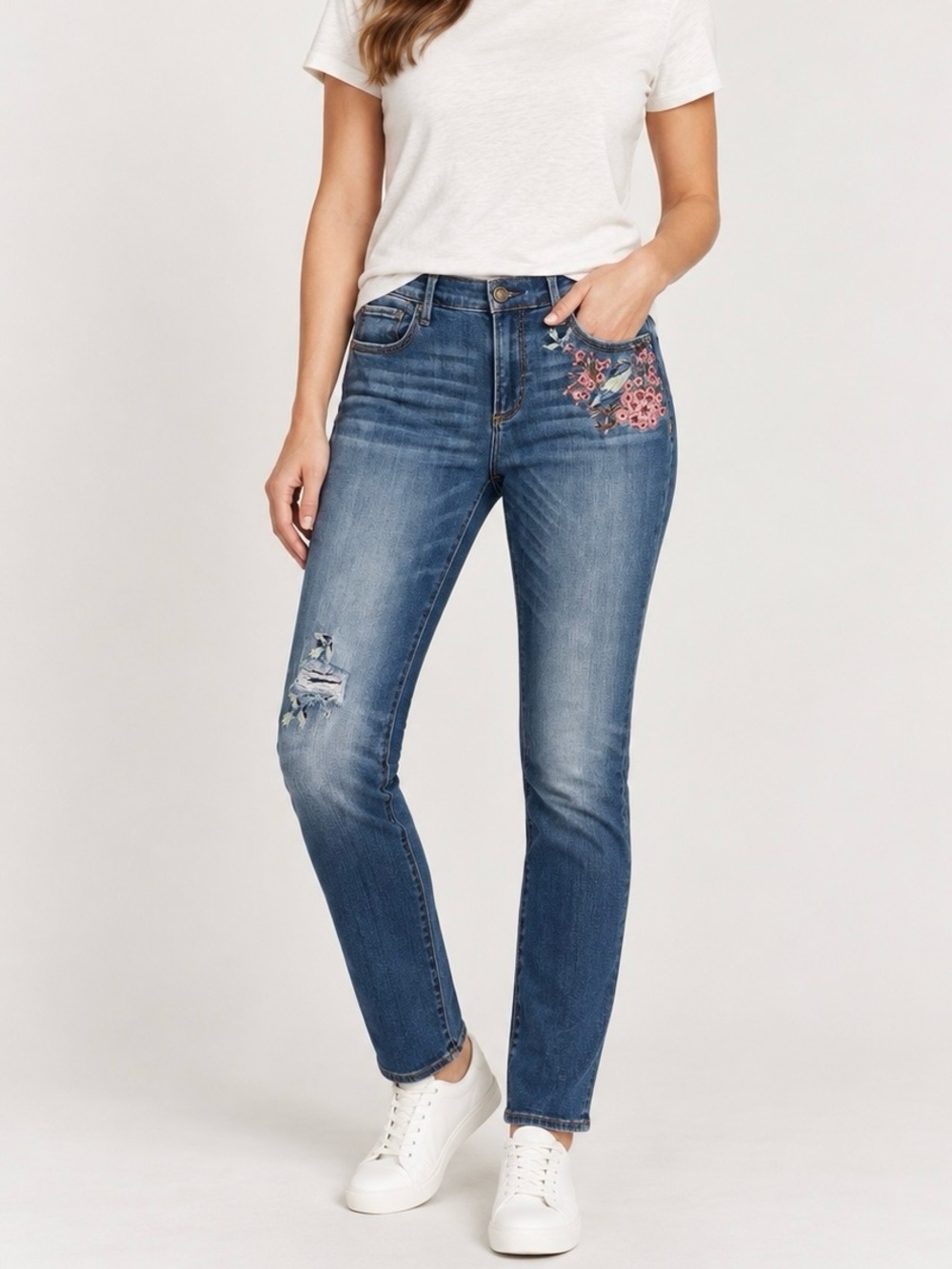 Driftwood 27 Audrey Embroidered Slim Straight Jeans Stretch Floral Birds